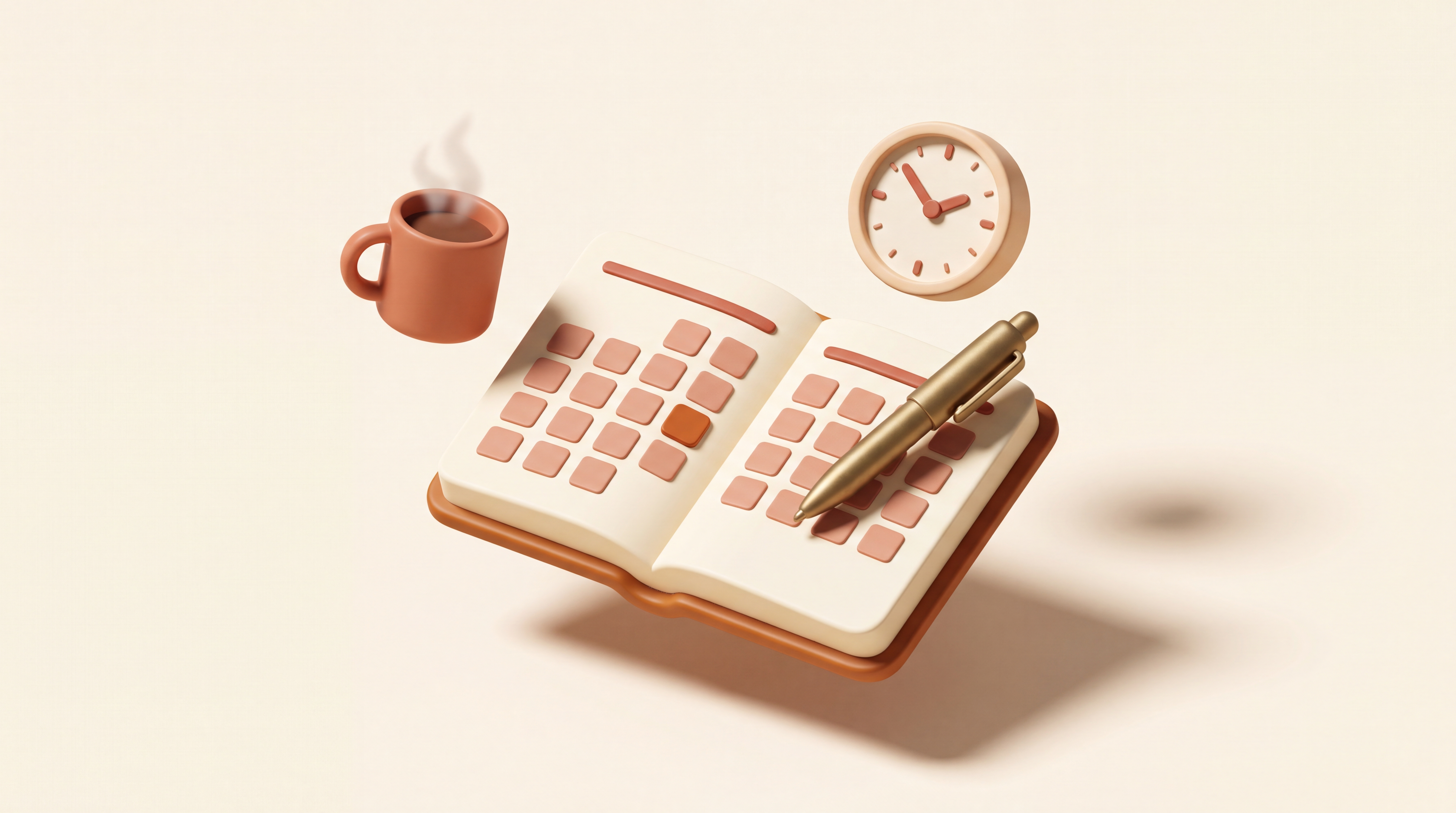 Kalenderforhåndsvisning med planlegger, klokke, kaffekopp og penn