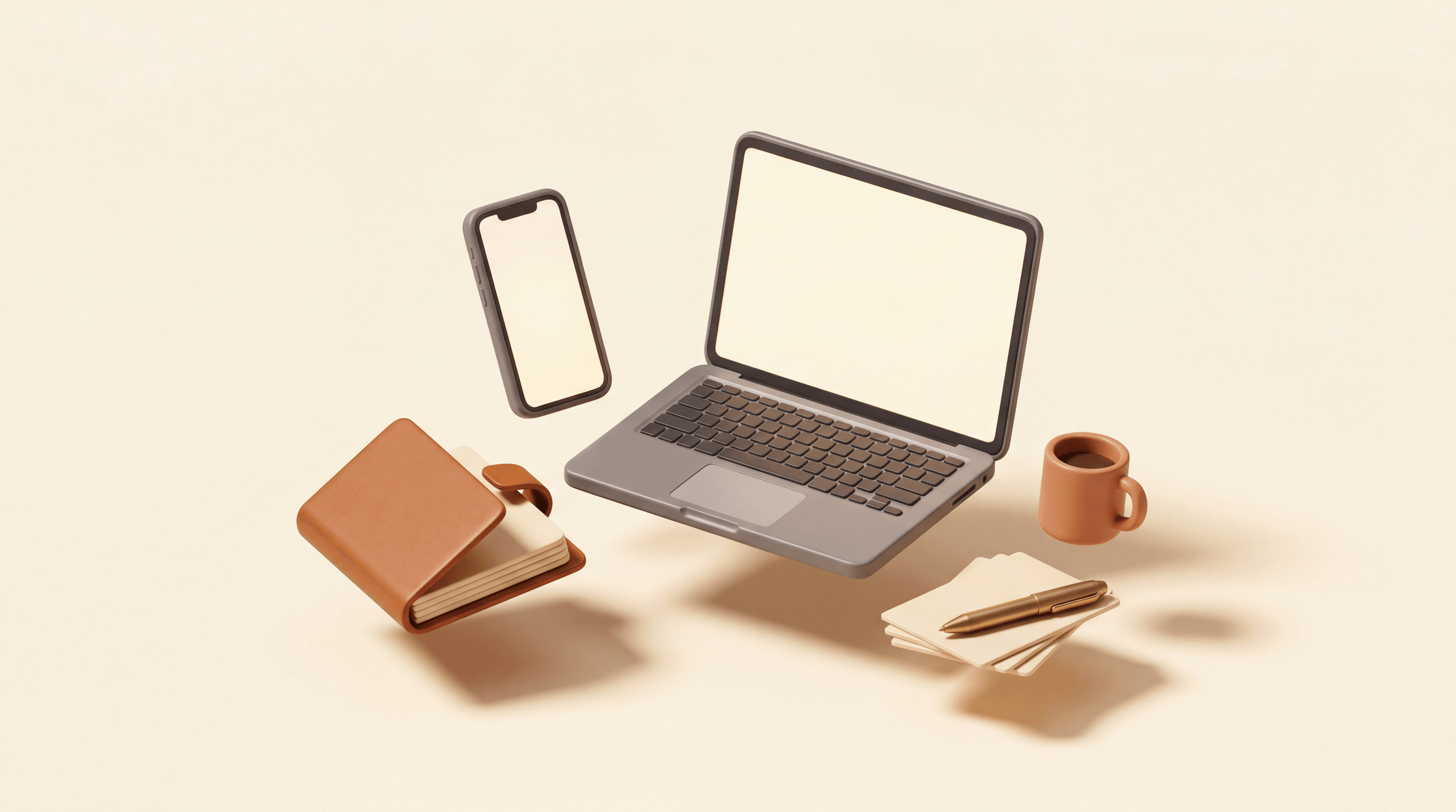 Svevende laptop, mobil, notatbok og kaffe på kremfarget bakgrunn